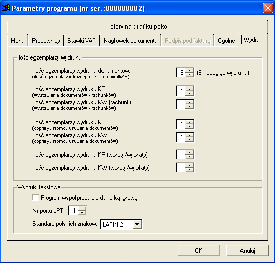 ilość egzemplarzy wydruku dokumentów typu faktura, paragon ilość egzemplarzy wydruku KP, KW jeżeli wydruki odbywają się na drukarce tekstowej należy zaznaczyć znacznik Program współpracuje z drukarką