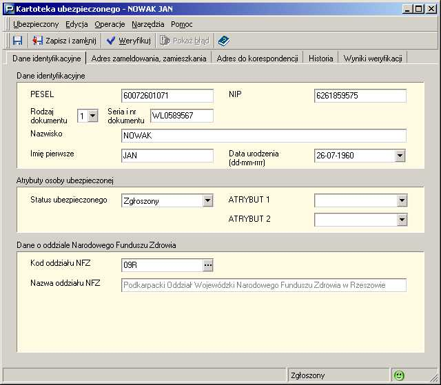 5.2.4.1 Atrybuty ubezpieczonego Rysunek 33. Okno robocze: Kartoteka ubezpieczonego 4. Zweryfikuj poprawno?t wprowadzonych zmian, klikaj&c przycisk Weryfikuj na pasku narzdzi. Je?