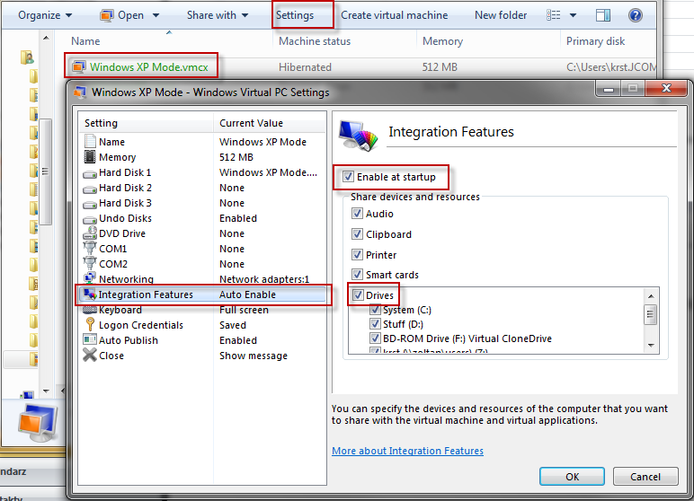 Wyświetlone zostanie okno konfiguracji trybu Windows XP. Należy sprawdzić czy w części Integracja (Integration Features) zaznaczone są wszystkie opcje jak na poniższym rysunku.