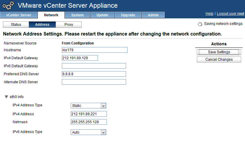 Po wpisaniu poprawnego adresu IP oraz maski sieciowej klikamy Save Changes (Rys. 22). Rys. 22. Zmiana adresu IP w vcenter Server Appliance.