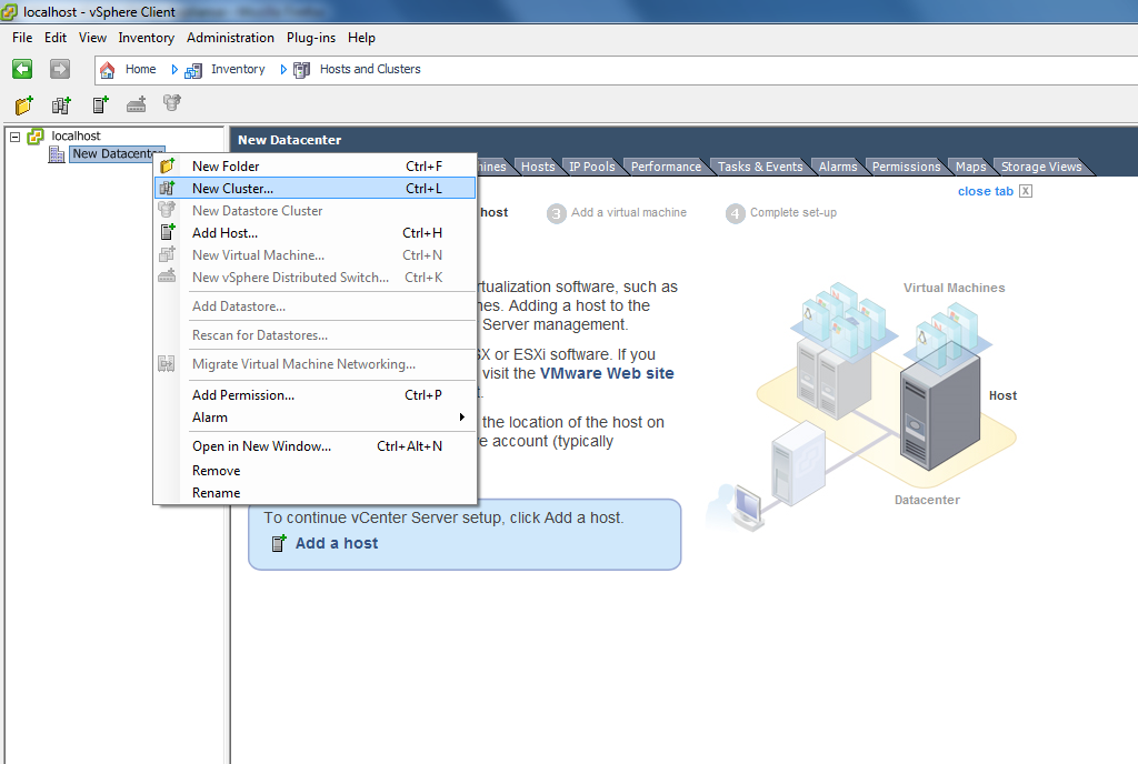 Po utworzeniu centrum danych i ewentualnej zmianie jego nazwy należy utworzyć klaster, do którego będziemy dodawać zdalne hosty (Rys. 24). Rys. 24. Tworzenie klastera w vsphere Client.