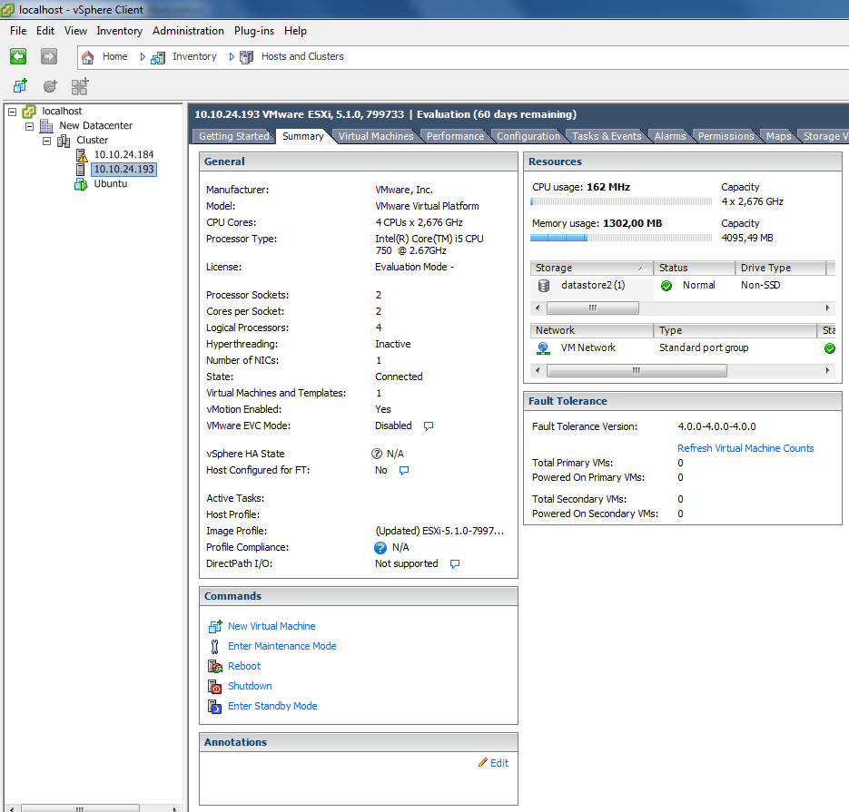 Gdy już poprawnie dodamy hosty do naszego centrum danych możemy przyjrzeć się możliwością administracyjnym z poziomu vsphere Client.