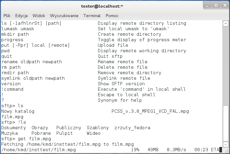 Slajd 141 Fedora 15 klient sftp Podczas pobierania pliku widzimy postęp