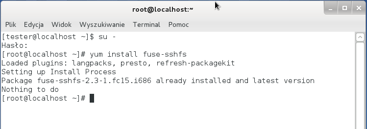Slajd 161 Fedora 15 klient sshfs W prezentowanym przykładzie okazuje się że sshfs jest już zainstalowany.