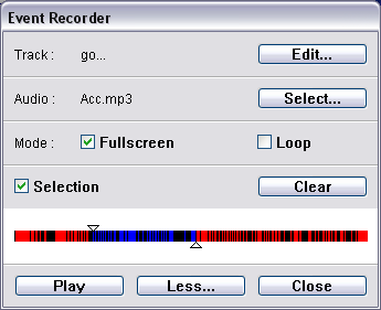 DODATKOWE OPCJE ODTWARZANIA I NAGRYWANIA POKAZÓW Okno Event Recorder może być rozszerzone w celu udostępnienia dodatkowych opcji odtwarzania części nagrania, z opcjonalnym zapętlaniem.