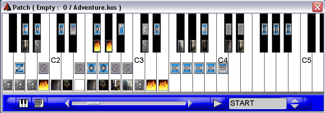 Okno Patch W oknie Patch dokonujesz konfiguracji Patch przez przypisywanie obrazów i efektów do klawiatury. Każdy klawisz w oknie Patch koresponduje z klawiszem na Twojej klawiaturze MIDI.