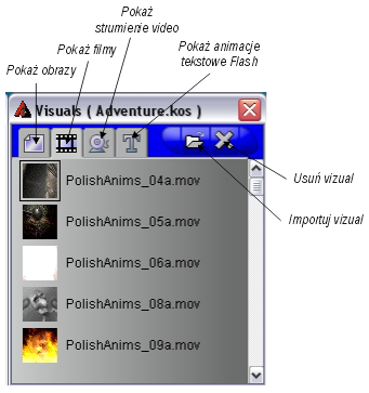 OKNO VISUALS Okno Visuals zawiera listę wszystkich vizuali (obrazy, filmy, strumienie video, animacje Flash z wyrenderowanym tekstem) użytych w Syntezatorze.