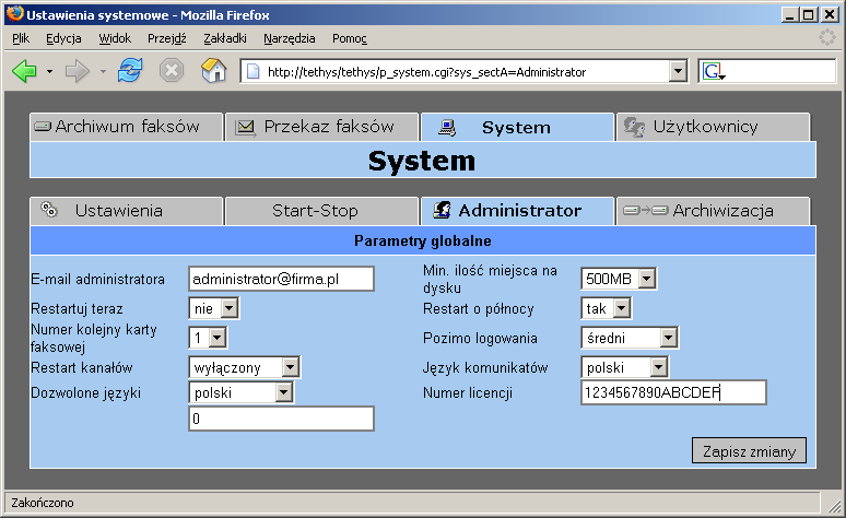 Administracja serwerem ShareFax posiada interfejs administracyjny w postaci aplikacji WWW.