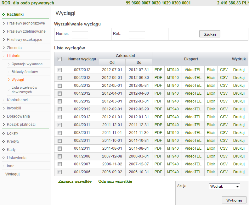 Przez zaznaczenie w pierwszej kolumnie kwadratów wyboru przy każdym wyciągu możliwy jest wydruk lub eksport wielu wyciągów jednocześnie.
