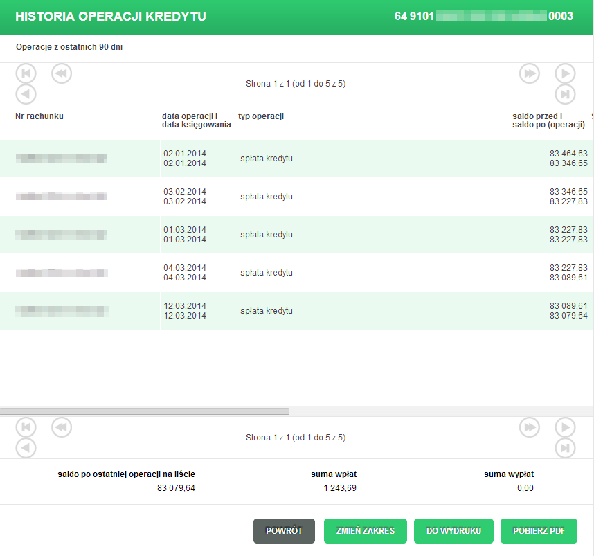 Historia umów kredytowych W celu wyświetlenia informacji o operacjach dla kredytu należy wybrać odnośnik szczegóły z kolumnyhistoria kredytu.