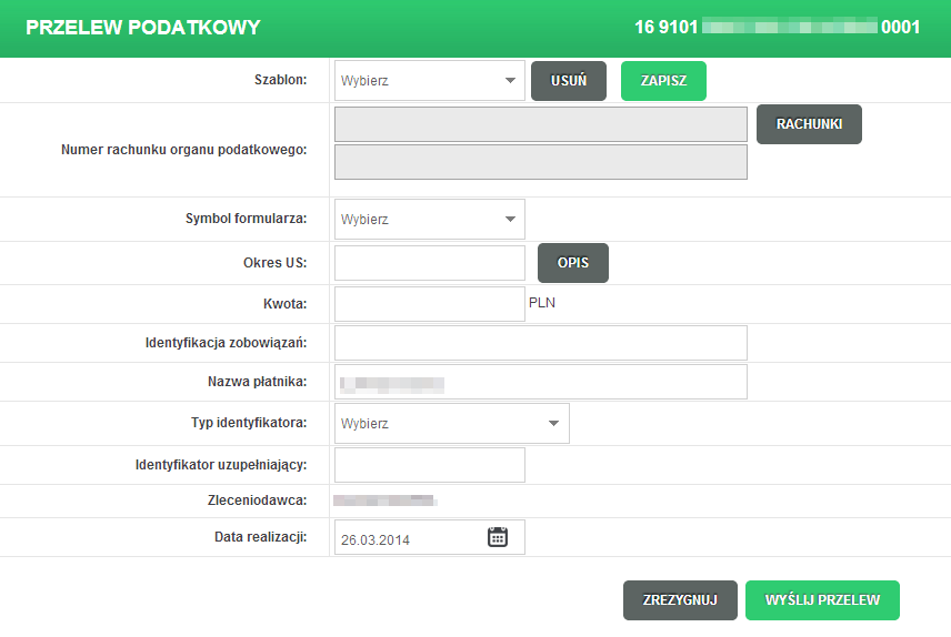 Nowy przelew US Aby zdefiniować przelew dla ZUS należy Wybrać rachunek, z którego ma być wysłany przelew a następnie Z menu systemu wybrać opcję Przelewy -> Nowy przelew US lubw oknie Przelewy wybrać