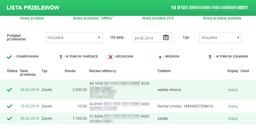 Lista przelewów Przelewy jakie zostały wprowadzone można przeglądać wraz z ich statusem realizacji.