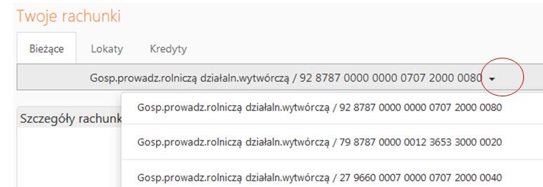 Bezpośrednio z Pulpitu w obszarze Twoje rachunki wybierasz zakładkę: Rachunki, Lokaty, Kredyty i na wskazanym rachunku możesz zmienić rodzaj prezentowanych danych (szczegóły rachunku, wykres zmian