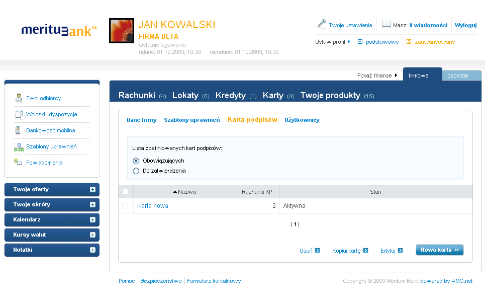 62 Przewodnik użytkownika Bankowość elektroniczna V. KARTY WZORÓW PODPISÓW I SZABLONY UPRAWNIEŃ FUNKCJONALNOŚĆ DLA FIRM 1.