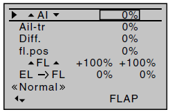 Model type: "2AIL 2FL" Po podłączeniu serw do odbiornika i wybraniu ich odpowiednio w menu Model type, skróty AI i FL odnoszą się do klap następująco: Od dostępnych opcji w menu Wing mixers i jego