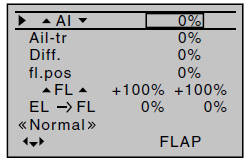 Model type: "4AIL 4FL" Po podłączeniu serw do odbiornika i wybraniu ich odpowiednio w menu Model type, skróty AI2, FL i FL2 odnoszą się do klap następująco: