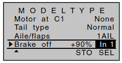 Ustawienia hamulca Uwaga: - Menu Brake settings jest przełączone na off jeśli zostało włączone Motor na C1 do przodu/do tyłu w menu Model type, i jeśli wybrano Tak dla aktualnie aktywnej fazy lotu w