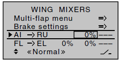 Różnicowośd lotek (Zaznaczone tylko dla "2AIL 1FL". Jeśli "2AIL 2/4 FL" jest zawarte w menu multi -flap). W tej linii można ustawid dyferencjał lotek dla dwóch serwomechanizmów lotek.