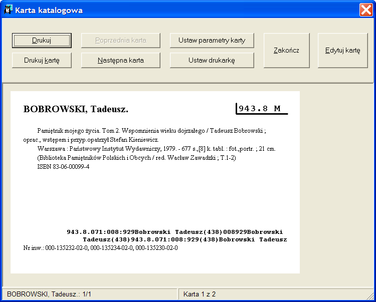 5. Karty katalogowe i zestawienia Program SOWA_TCP realizuje zestawienia udostępniane przez serwer katalogu.