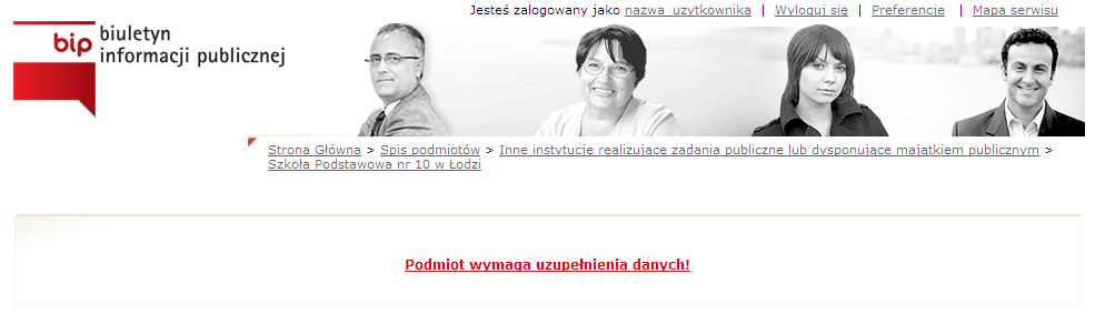 Użytkownik (Redaktor SPBIP) loguje się do serwisu. Należy uzupełnić dane zarejestrowanego podmiotu.