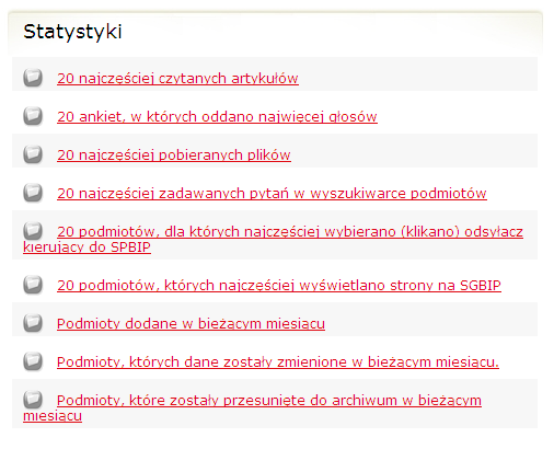 2.13. Statystyki Statystyki serwisu zawierają informacje na temat: 20 najczęściej czytanych artykułów. 20 ankiet, w których oddano najwięcej głosów. 20 najczęściej pobieranych plików.