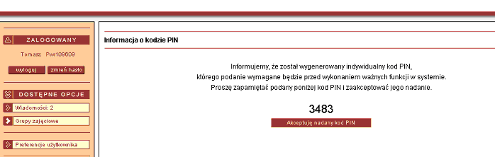 Rys. 1. Informacja o odpowiedzialności za wydrukowane protokoły 3. Aby przejść dalej naciśnij przycisk Akceptuję. 4. Przy pierwszym logowaniu nadany zostanie również indywidualny kod PIN (Rys. 2).