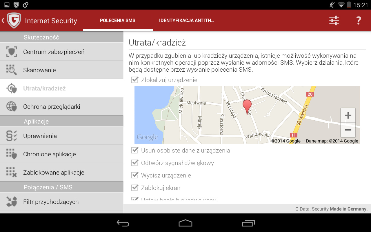 G DATA Internet Security for Android 10.1.3 154 Utrata/kradzież Konfiguracja tej funkcji umożliwia zarządzanie telefonem w przypadku jego kradzieży lub zagubienia.