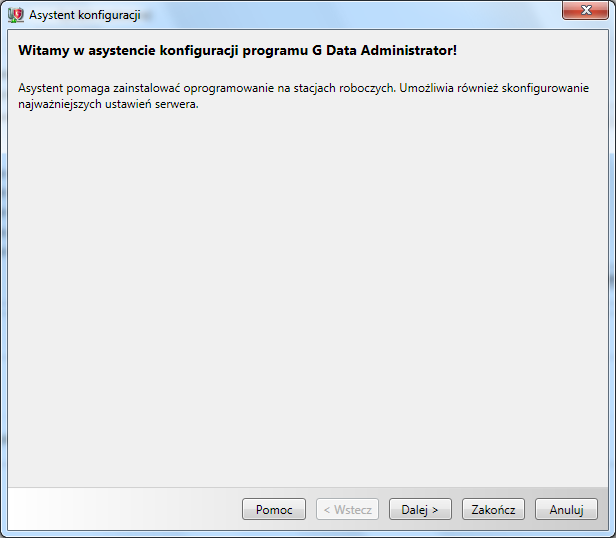 G DATA Administrator 30 4.2 Konfiguracja składnika Administrator 4.2.1 Menu Administrator 4.2.1.1 Asystent konfiguracji Przy pierwszym uruchomieniu programu automatycznie otwiera się okno asystenta.