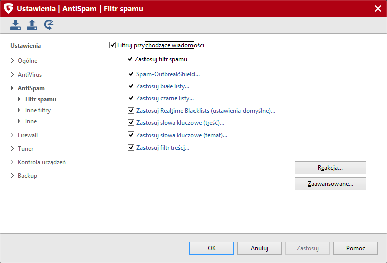 95 G Data Security Kliknij wiersz wybranego filtra, aby otworzyć okno jego ustawień: Spam-OutbreakShield.