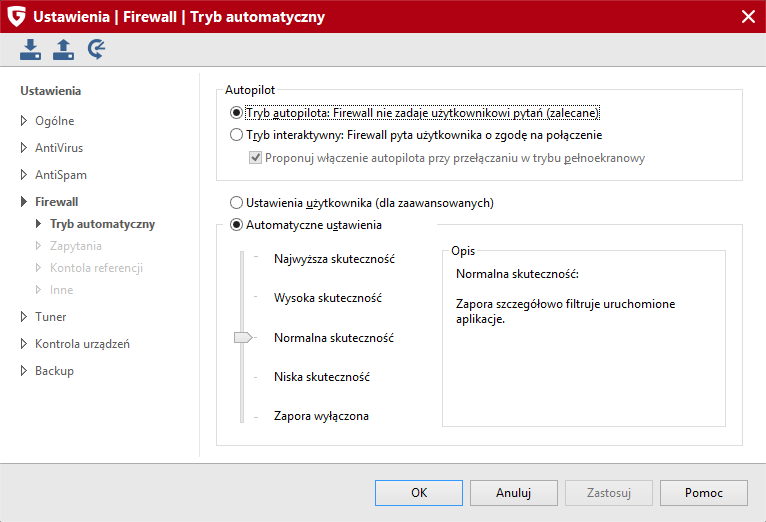 103 G Data Security Po przełączeniu zapory w tryb ręczny dostępne będą kolejne sekcje ustawień zapory opisane w następnych rozdziałach.