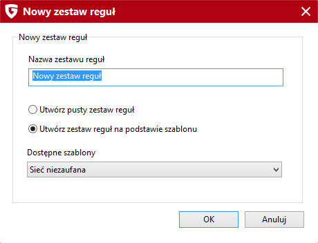 23 G Data Security z Internetem ma być czasowo lub trwale zablokowane. Ten zestaw reguł jest pusty, więc cały ruch połączeń objętych tym zestawem jest blokowany.