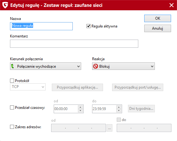Firewall 28 Okno Edytuj regułę zawiera następujące pola, przyciski i rozwijane listy umożliwiające utworzenie nowej lub zmodyfikowanie istniejącej reguły: Nazwa: W regułach predefiniowanych jest to