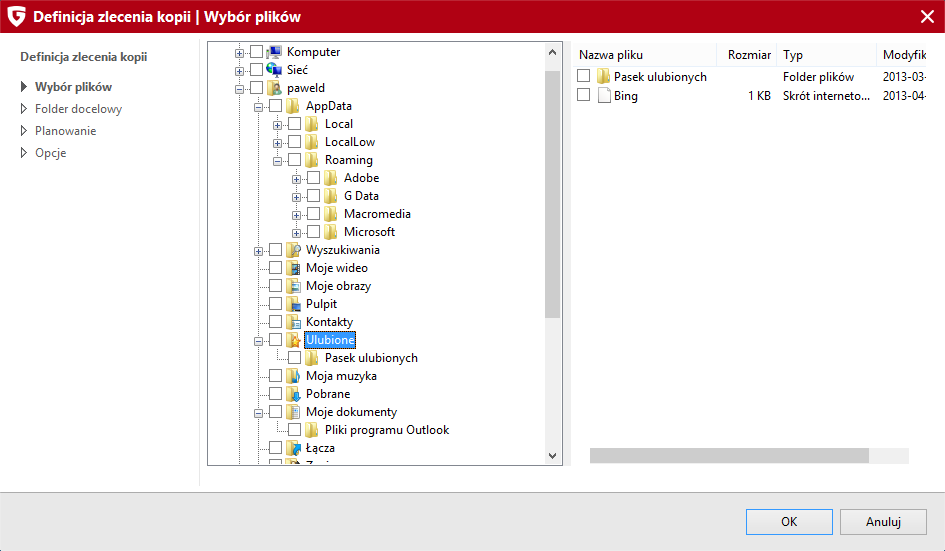 31 G Data Security 6.1.1.1 Wybór plików / partycji / dysków Pierwszym krokiem jest wybór rodzaju kopii zapasowej.