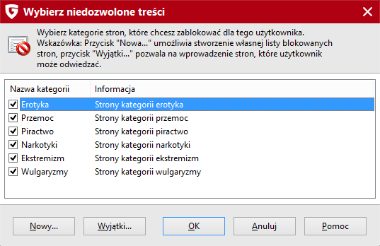 51 G Data Security strony, które w tekście zawierają hasła "czat". Może się zdarzyć, że przez użycie zbyt ogólnych określeń zablokowane zostaną również strony, które są zupełnie nieszkodliwe.