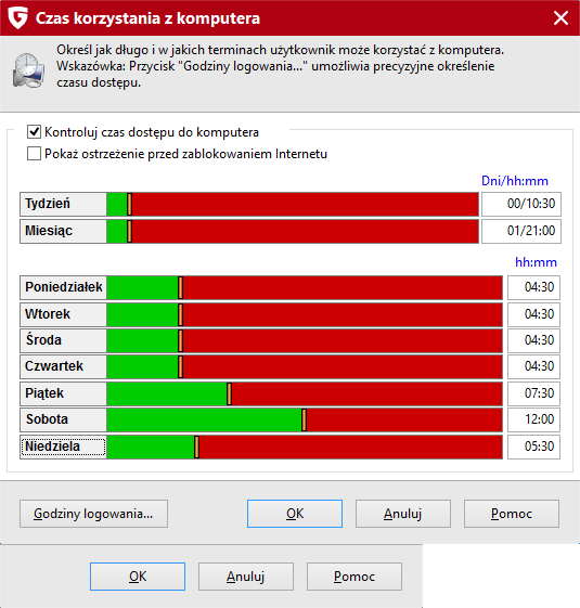 Kontrola rodzicielska 8.5 54 Kontroluj czas dostępu do komputera W tym oknie możesz skonfigurować czasową blokadę dostępu danego użytkownika do Internetu.