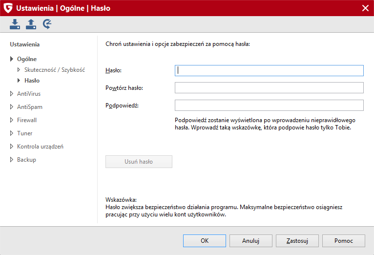 73 G Data Security 12.1.2 Hasło Ta sekcja umożliwia ustawienie hasła dostępu do zaawansowanych ustawień programu G Data.