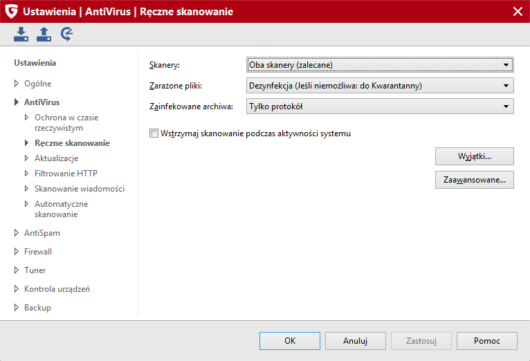 Ustawienia 78 Do dyspozycji są następujące opcje i parametry: Skanery: Program korzysta z dwóch niezależnych skanerów antywirusowych. Optymalne efekty daje zastosowanie obu skanerów.