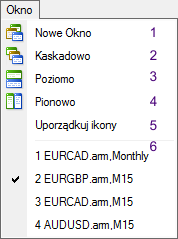 1. Umożliwia złożenie nowego zlecenia patrz strona 7. 2. Otwiera centrum historii 3. Otwiera okno zmiennych globalnych 4. Edytor języka MQL 5. Opcje opis na stronie 17 1.