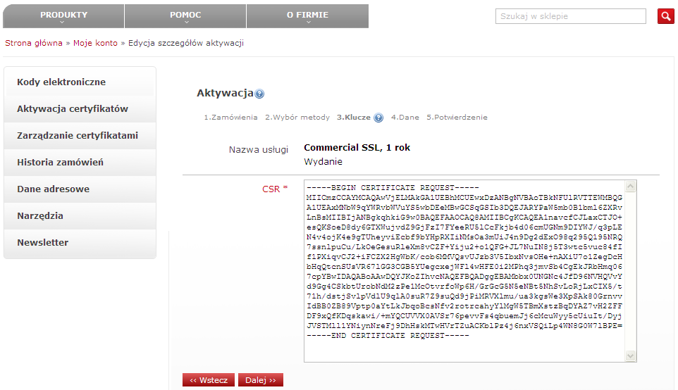 Wklej żądanie CSR, przejdź do kolejnego kroku przyciskiem Dalej.