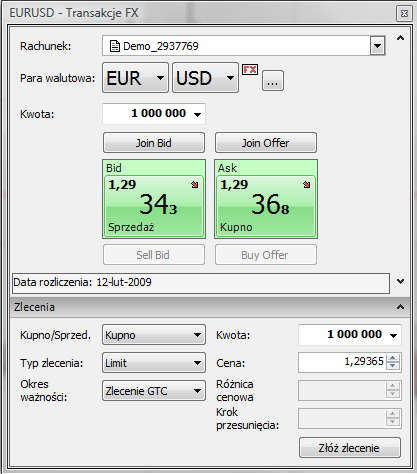 Aby dokonad transakcji na rynku walutowym należy najpierw określid parę walutową z rozwijanej listy instrumentów oraz określid kwotę transakcji.