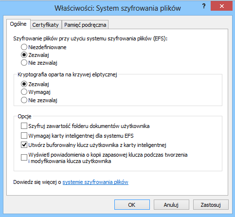 Rys. 4.8.1 Właściwości System Szyfrowania plików widok zakładka Ogólne Ustawienie opcji Kryptografia oparta na krzywej eliptycznej (ECC) w tryb Zezwalaj pokazanej na rysunku 4.8.1 ustawia system szyfrowania plików (EFS) w tryb mieszany, który pozwoli komputerom na stosowanie algorytmów RSA lub ECC.