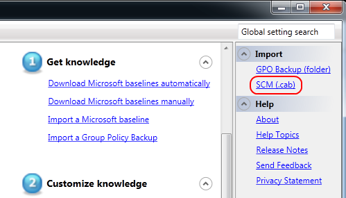 Narzędzie SCM pozwala na automatyczne pobieranie ustawieo bazowych ze strony Microsoft Download Center, ale pozwala również na wykonanie importu w sposób ręczny bezpośrednio z plików.