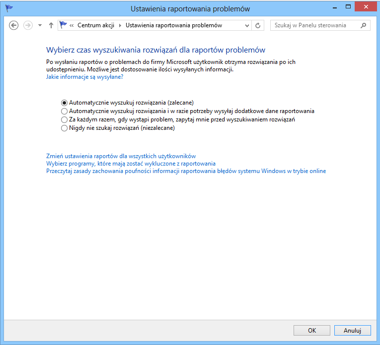 3.2.2 Widok okna Ustawienia raportowania problemów Rys. Każdy użytkownik może przejrzed informacje dotyczące raportów problemów wysyłane do firmy Microsoft stosując następujące kroki: 1.