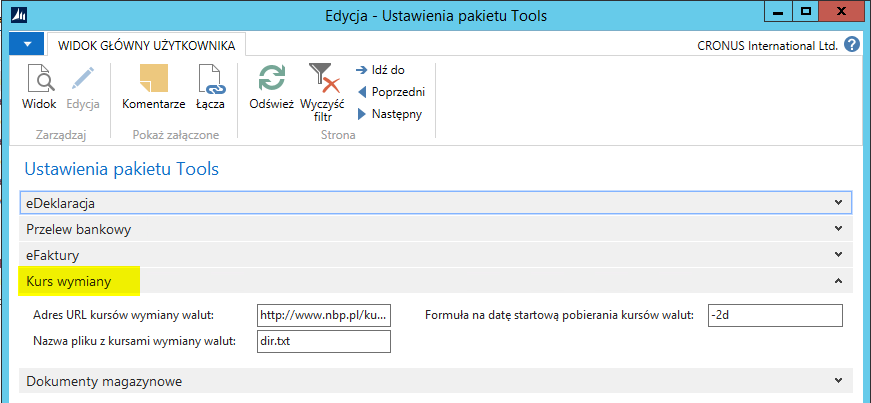 4. Import kursów walut z NBP Aby usprawnić i ułatwić użytkownikom systemu NAV procesowanie dokumentów zawierających kwoty w obcych walutach stworzona została funkcjonalność importu kursów walut z