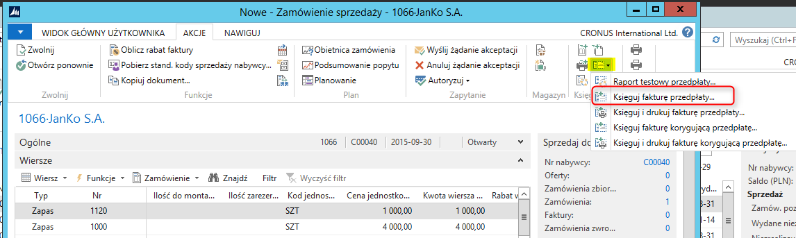 2. Używając funkcji Statystyka z wstążki użytkownik ma wgląd w informacje dotyczące kwoty zamówienia brutto i netto.