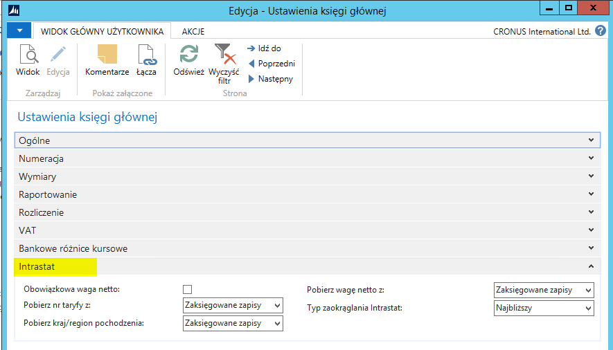 3. Ustawienia księgi głównej w zakładce Intrastat należy