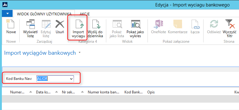 3. Interfejsy bankowe Moduł Interfejsy bankowe umożliwia zarządzanie informacjami o przelewach bankowych dla konkretnego banku z poziomu systemu NAV. Import wyciągów 1.