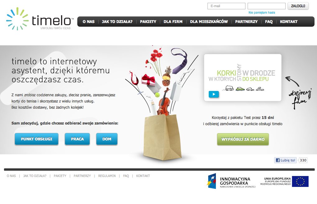Startujemy oceniamy Timelo.pl wirtualna galeria handlowa Sylwester Kozak, Dawid Zaraziński Twórcy Timelo obiecują: w jednym miejscu zrobisz zakupy, kupisz kwiaty i oddasz rzeczy do prania.