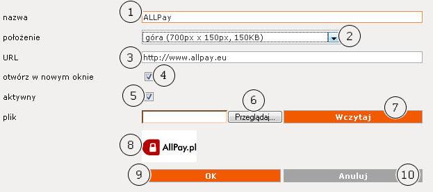 W polu URL (3) można wpisad adres strony, która zostanie otwarta po kliknięciu danego banera w sklepie. Jeżeli strona ta ma byd otwierana w nowym oknie, to również trzeba to zaznaczyd (4).