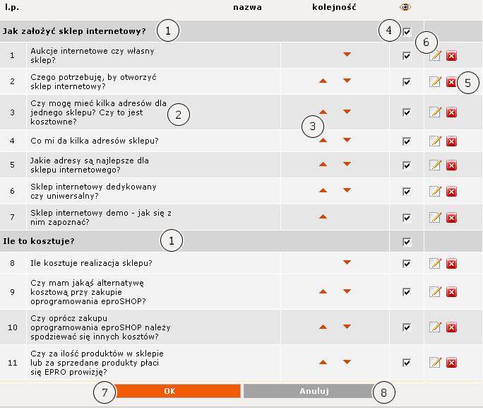 oraz ich widoczności w sklepie (4). Każde pytanie można usunąd (5) i edytowad (6). Przy wprowadzeniu jakichkolwiek zmian należy wcisnąd przycisk ok (7), aby z nich zrezygnowad Anuluj (8).